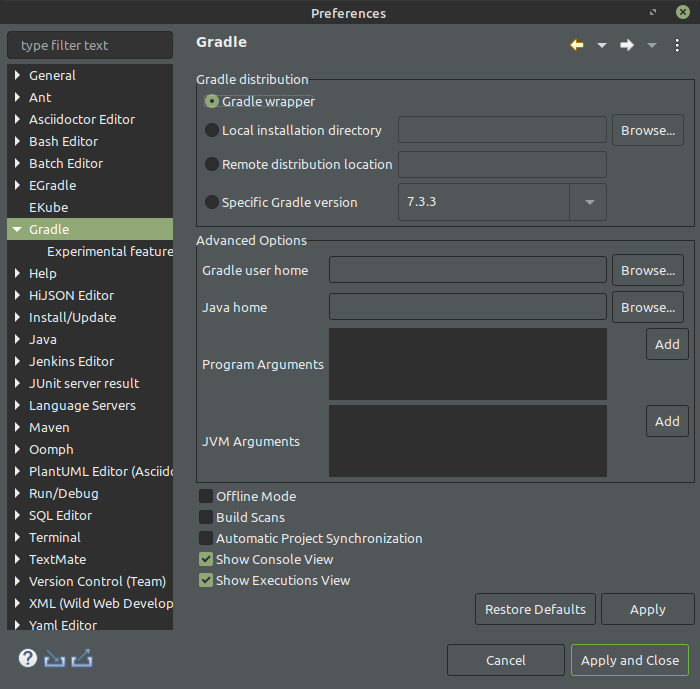 Buildship preference screen
