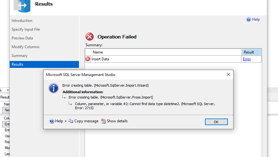 Screenshot of the error message