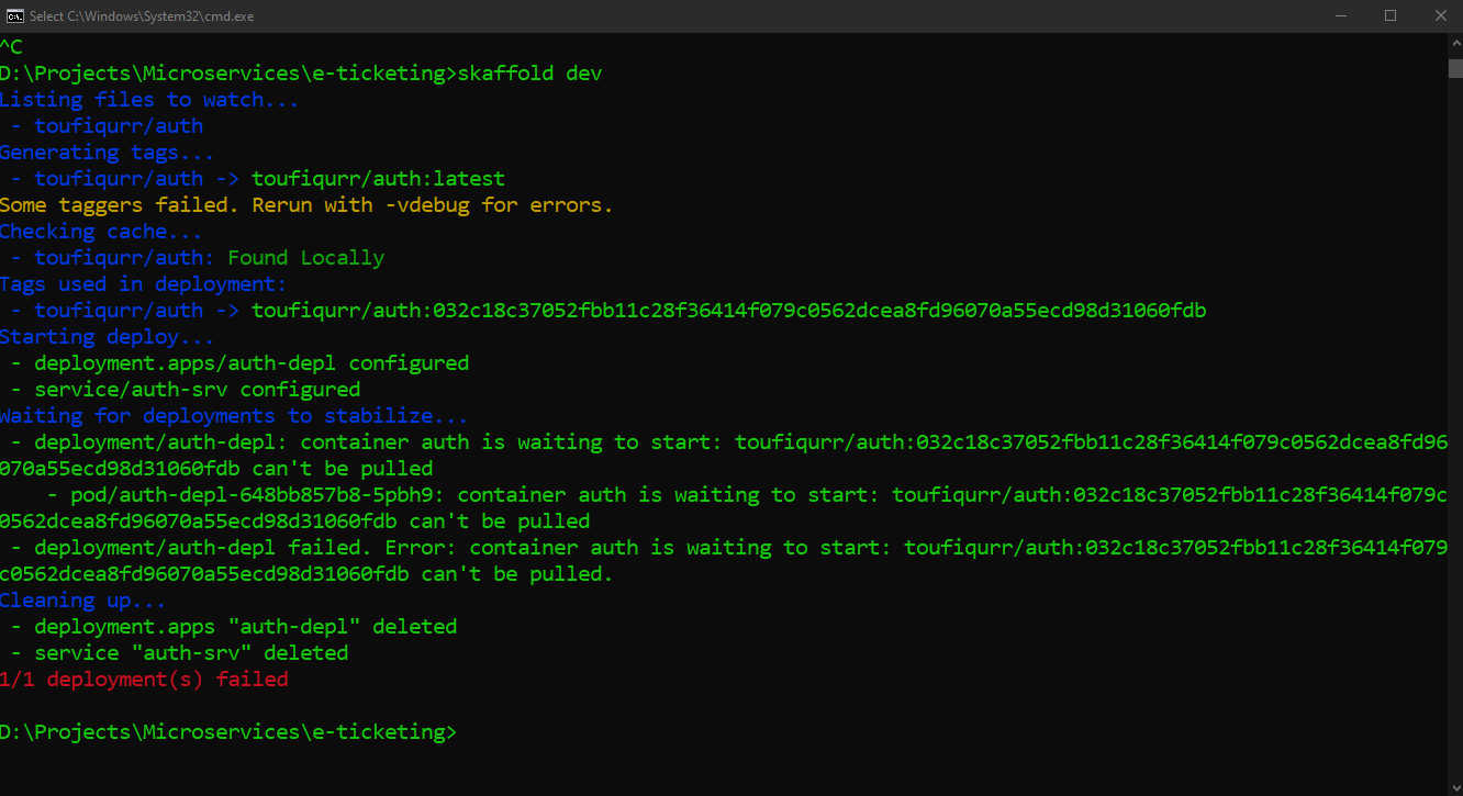 deployment and service creates or configures but Waiting for deployments to stabilize... in here it gives message deployment/auth-depl failed. Error: container auth is waiting to start: toufiqurr/auth:032c18c37052fbb11c28f36414f079c0562dcea8fd96070a55ecd98d31060fdb can't be pulled.