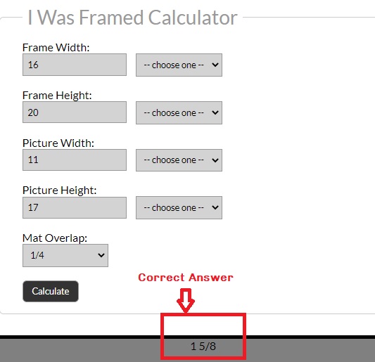 Image shows calculator getting correct answer when NOT using side-by-side drop down selections