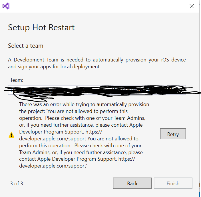 Error when setting up Iphone device on visual studio xamarin hot restart