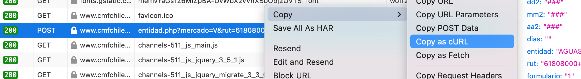 Copy request as cURL