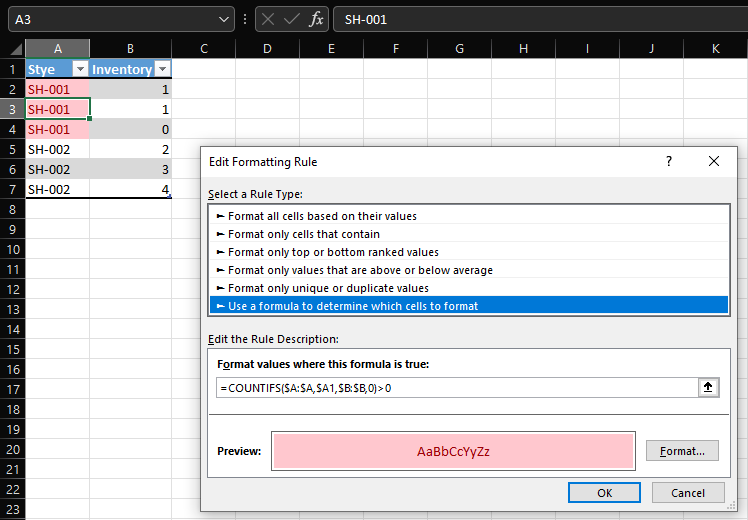 Sample Screenshot showing conditional formatting