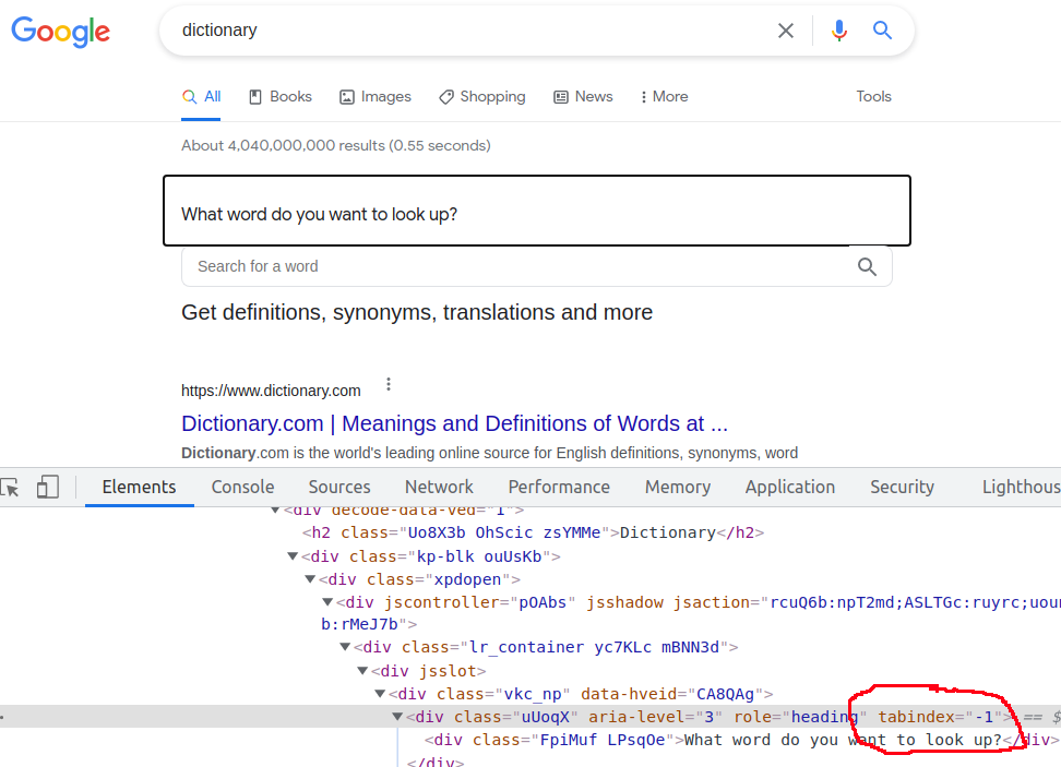 Google page with Elements panel showing tabindex="-1" on the main content div