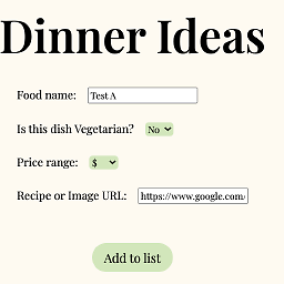 The form and the add to list button
