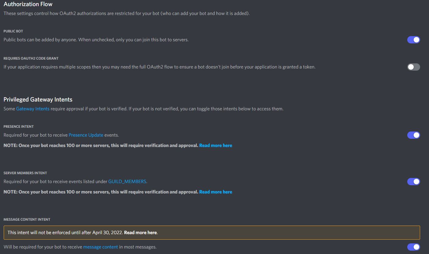 Screenshot of bot management console