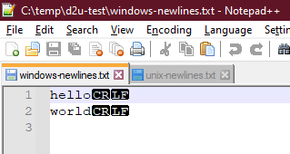 Screenshot of windows-newlines.txt in Notepad  