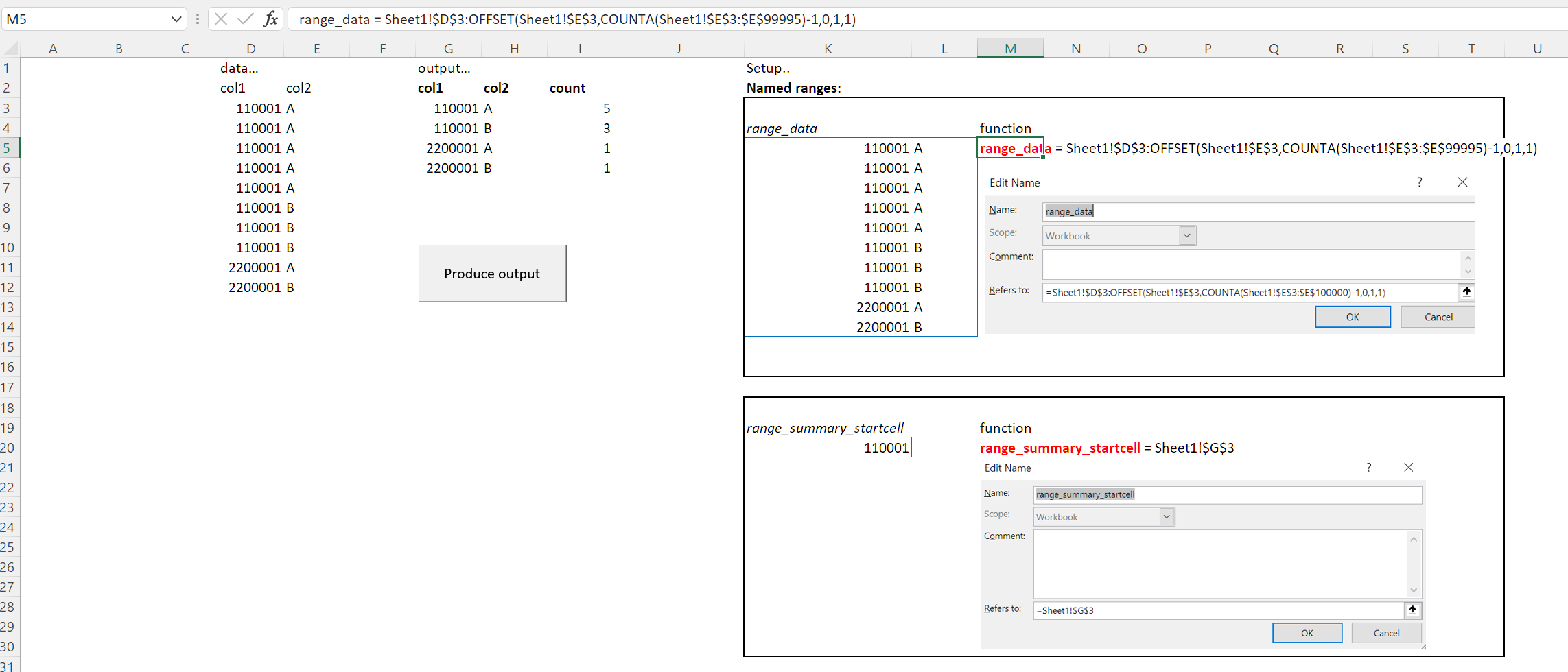 Named ranges - 'range_data' and 'range_summary_startcell'
