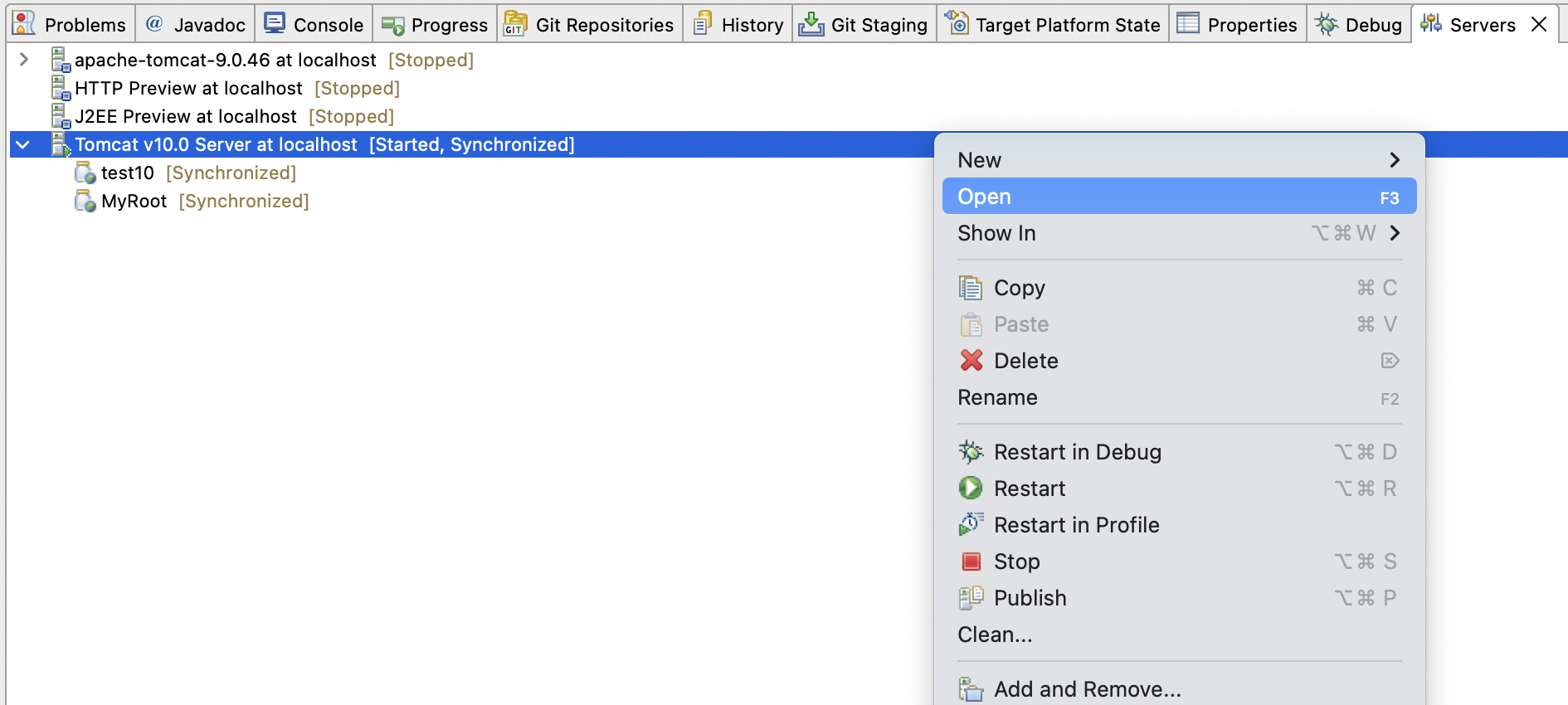 Server instance context menu in the Servers View