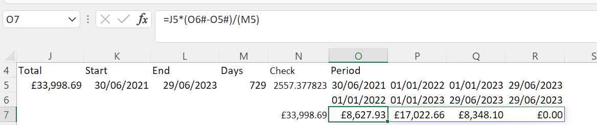 Third part: pro-rata yearly multipliers x total (£) cost
