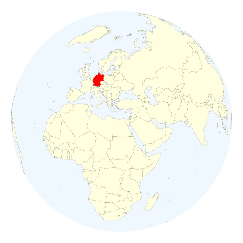 ortographic view of world countries, with germany in red