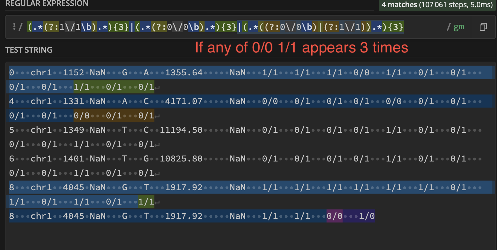 If any of 0/0 1/1 appears 3 times