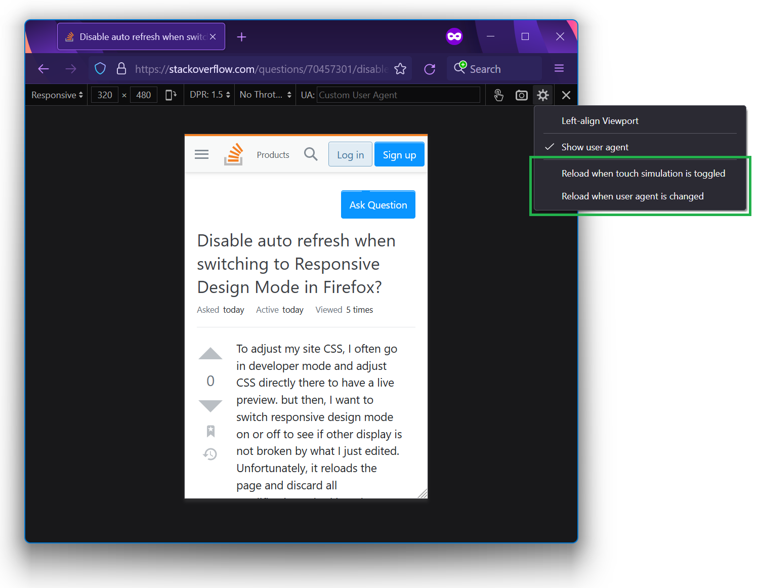 Toggle options for page reload in Responsive Design Mode