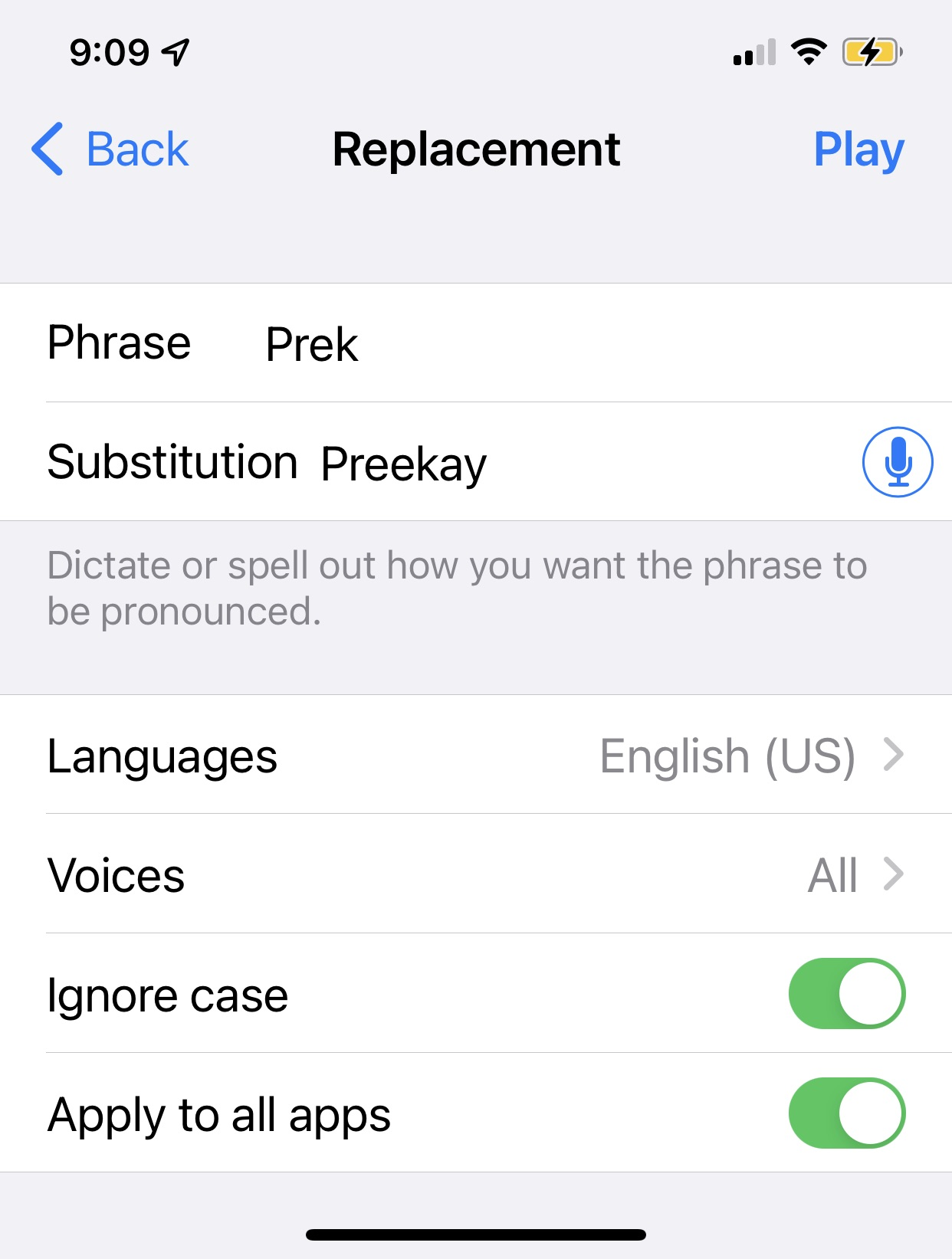 screenshot of voiceover pronunciation setting