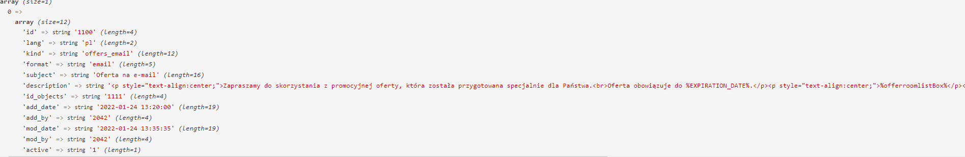 var_dump of data