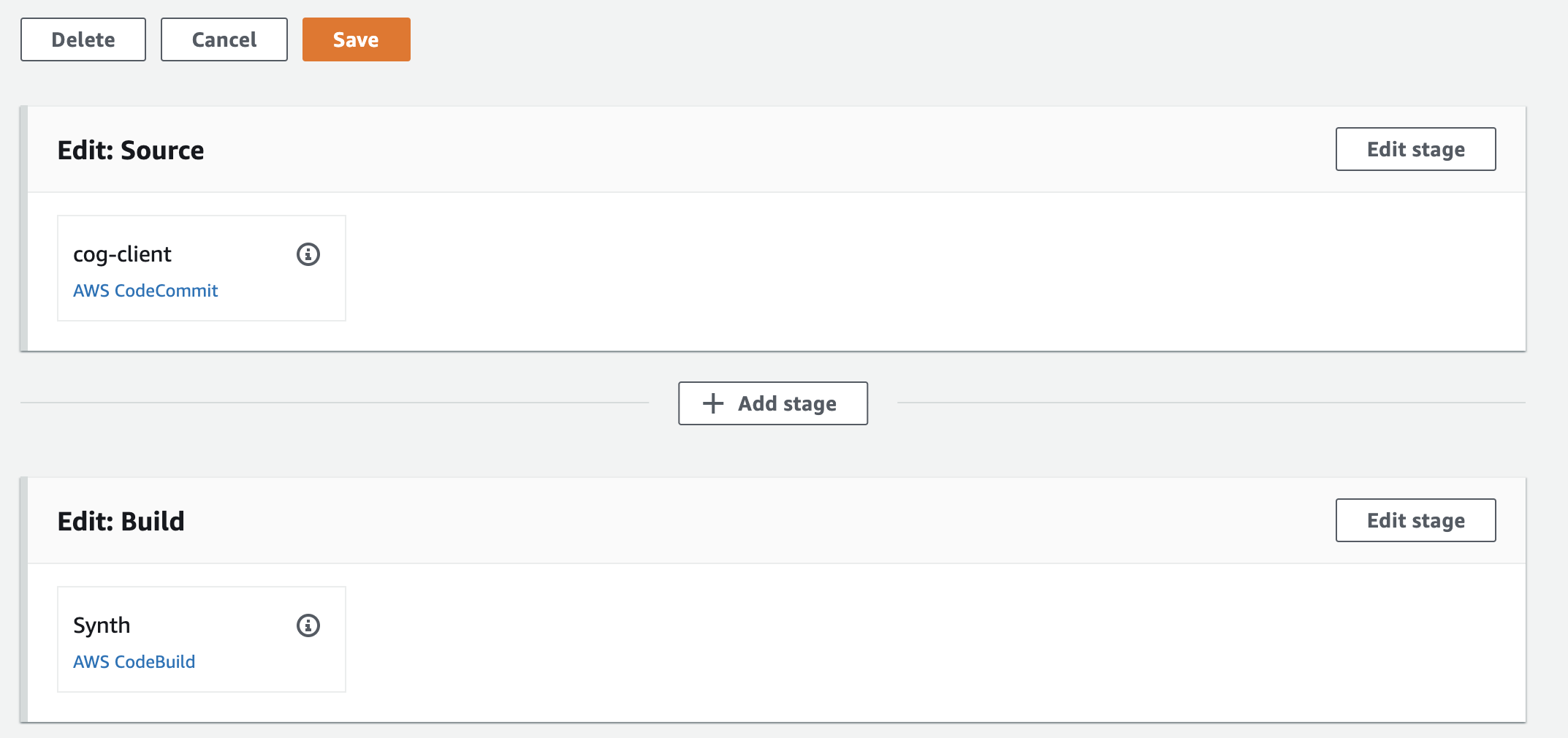 AWS CodePipeline console showing two stages