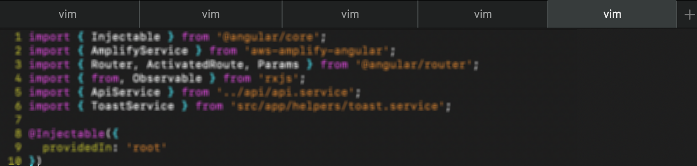 5 macOS terminal tabs with vim open in each