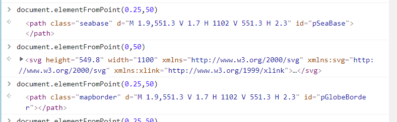 Image of chrome devtools console where document.elementFromPoint is called with the arguments 0.25 and 50 in 2 different places, returning different svg elements