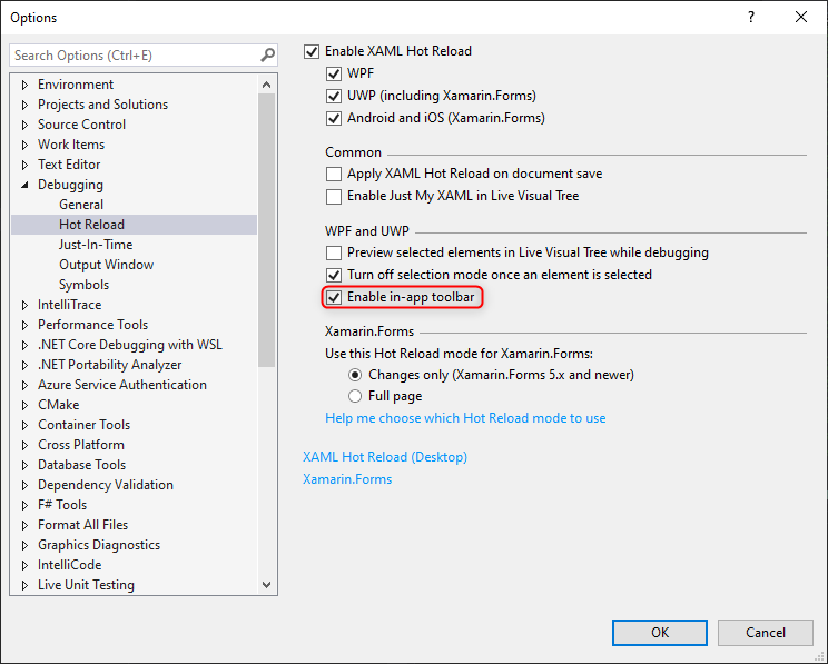 Hot-Reload options with the enable in-app toolbar checkbox.