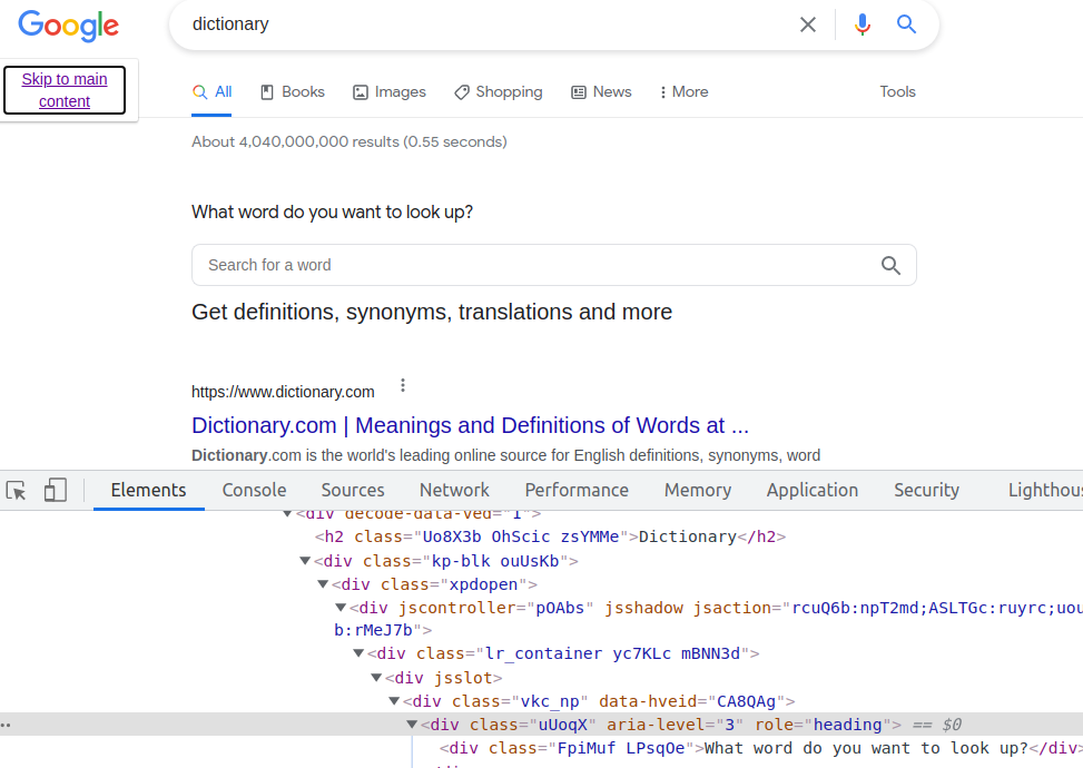 Google page with Elements panel showing no tabindex on the main content div