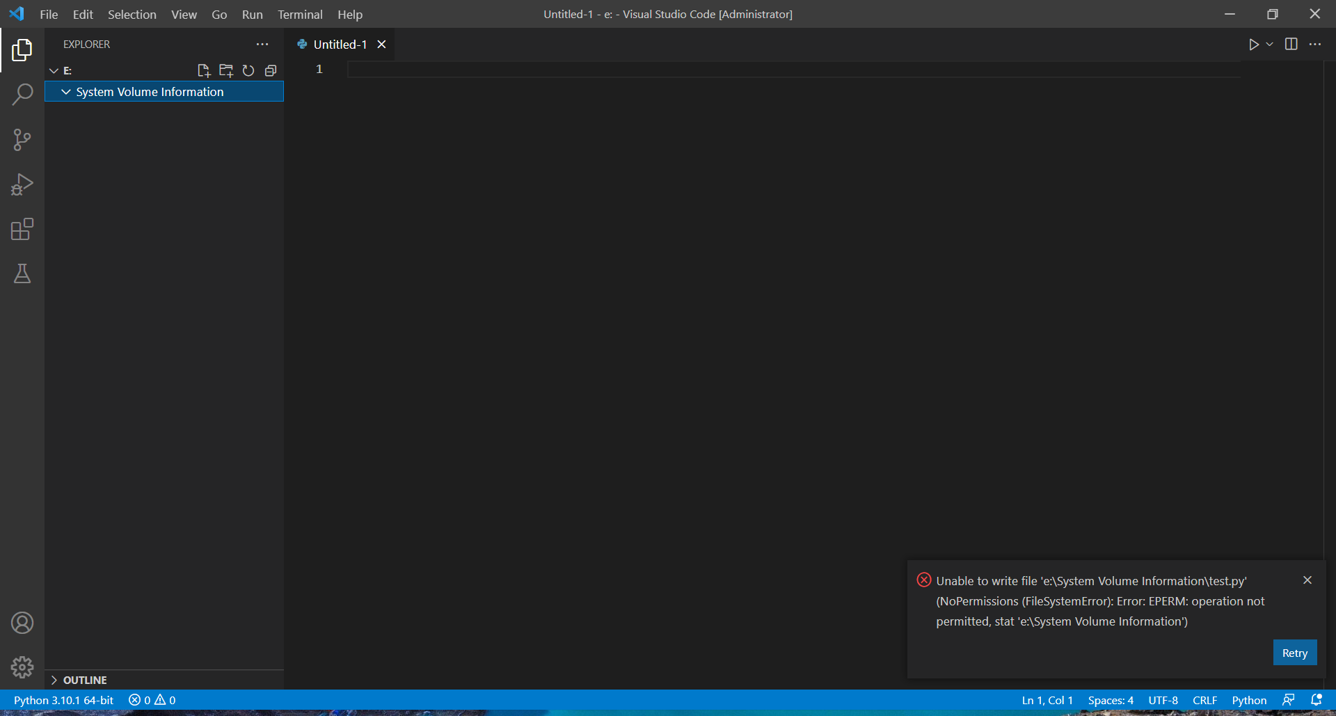 screenshot of VS Code with error