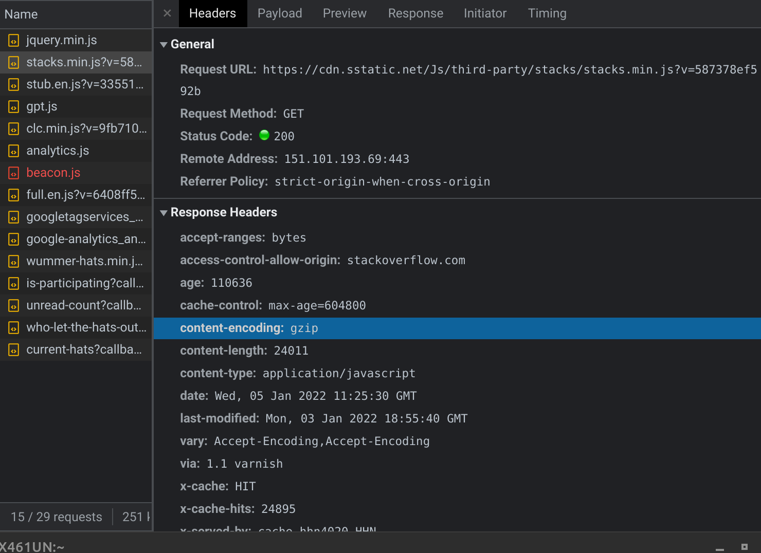 StackOverFlow response header with content-type of gzip