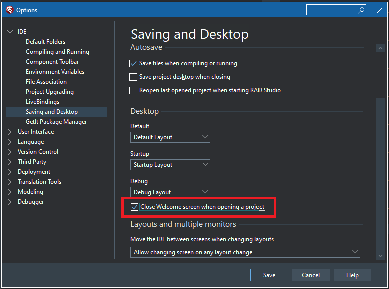 Saving and Desktop Options Dialog