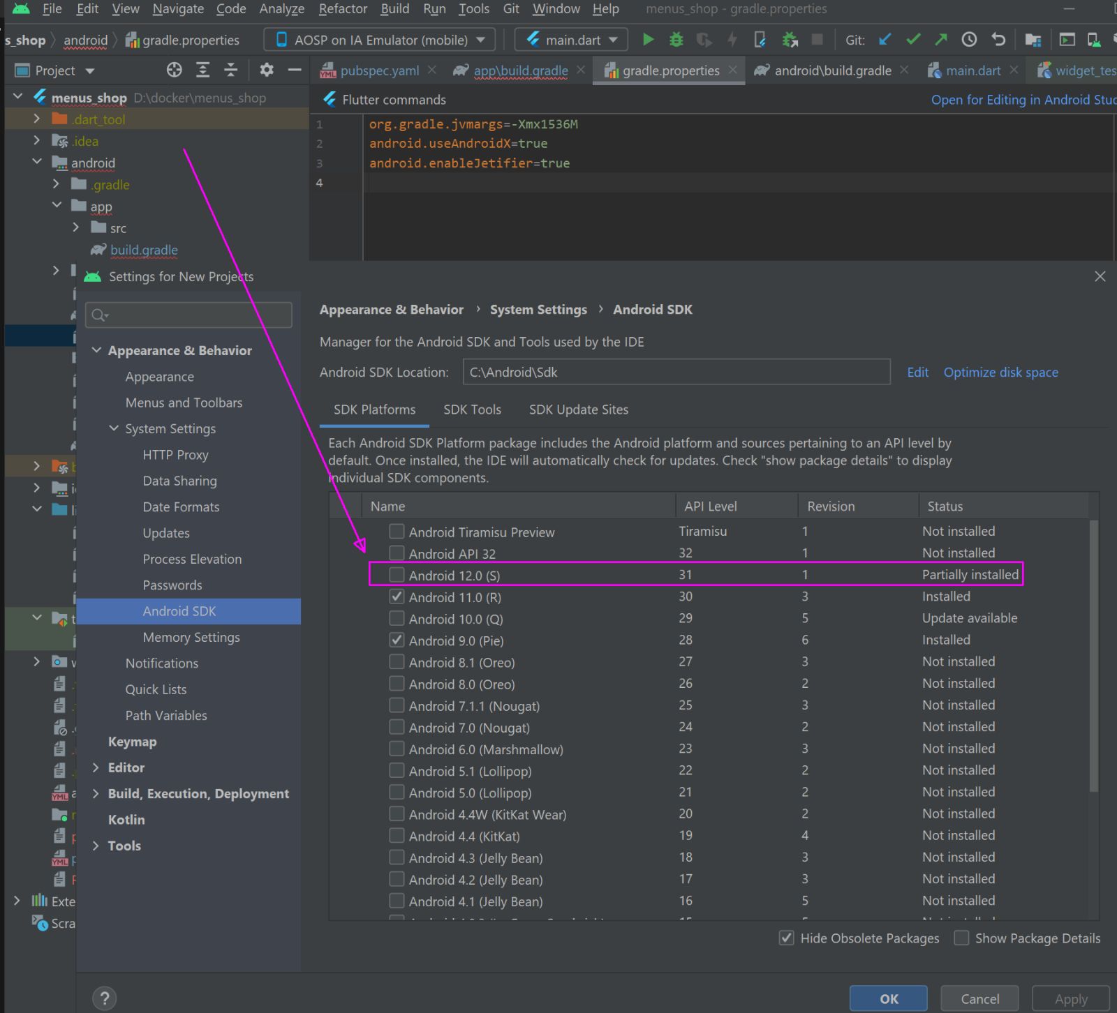 Android Studio install SDK 31