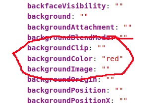 console output showing backgroundColor: red with a circle around it