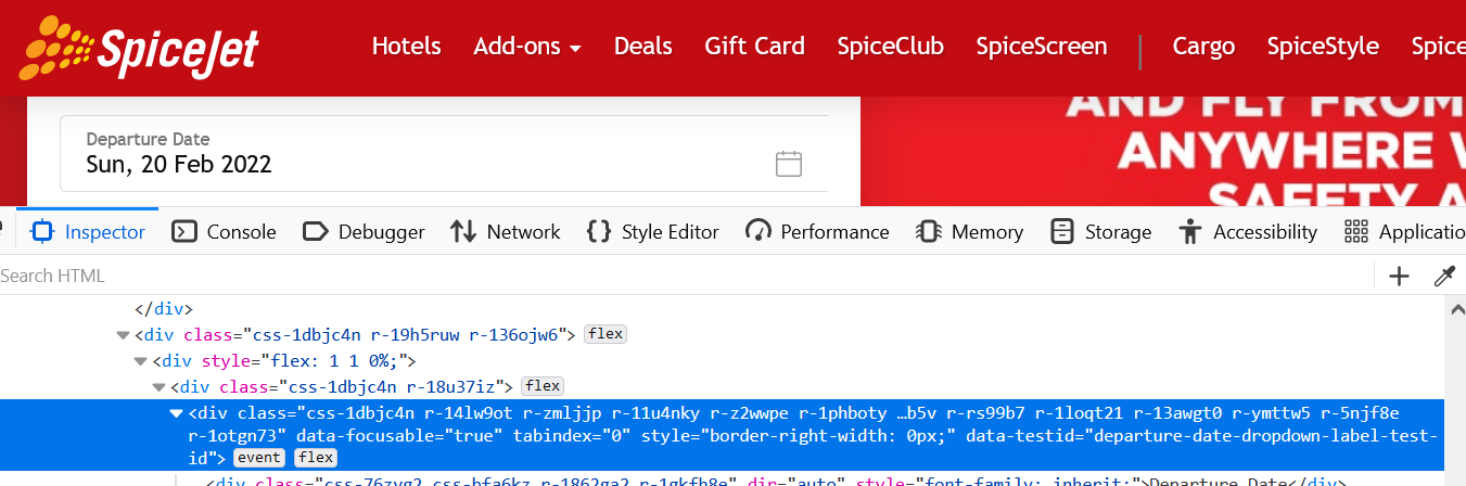 Highlight is the HTML DOM structure of Departure