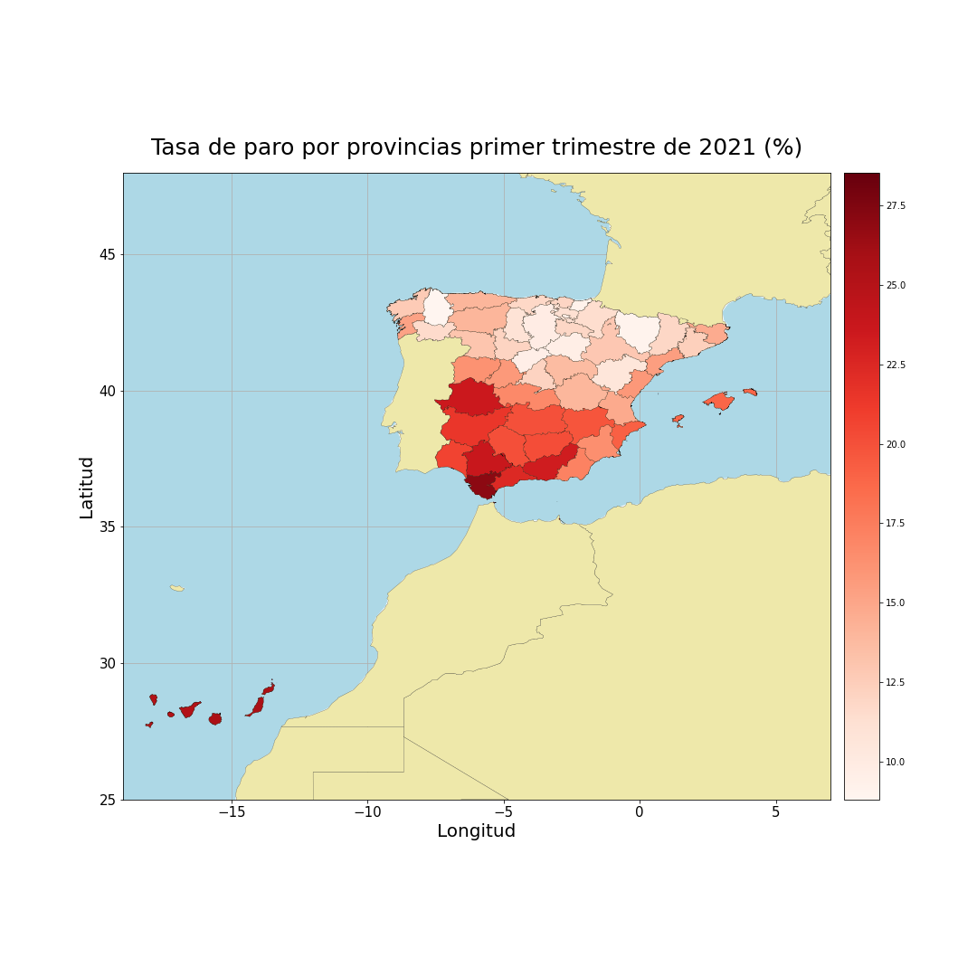 Unemployment rate per province. Spain. 2021T1