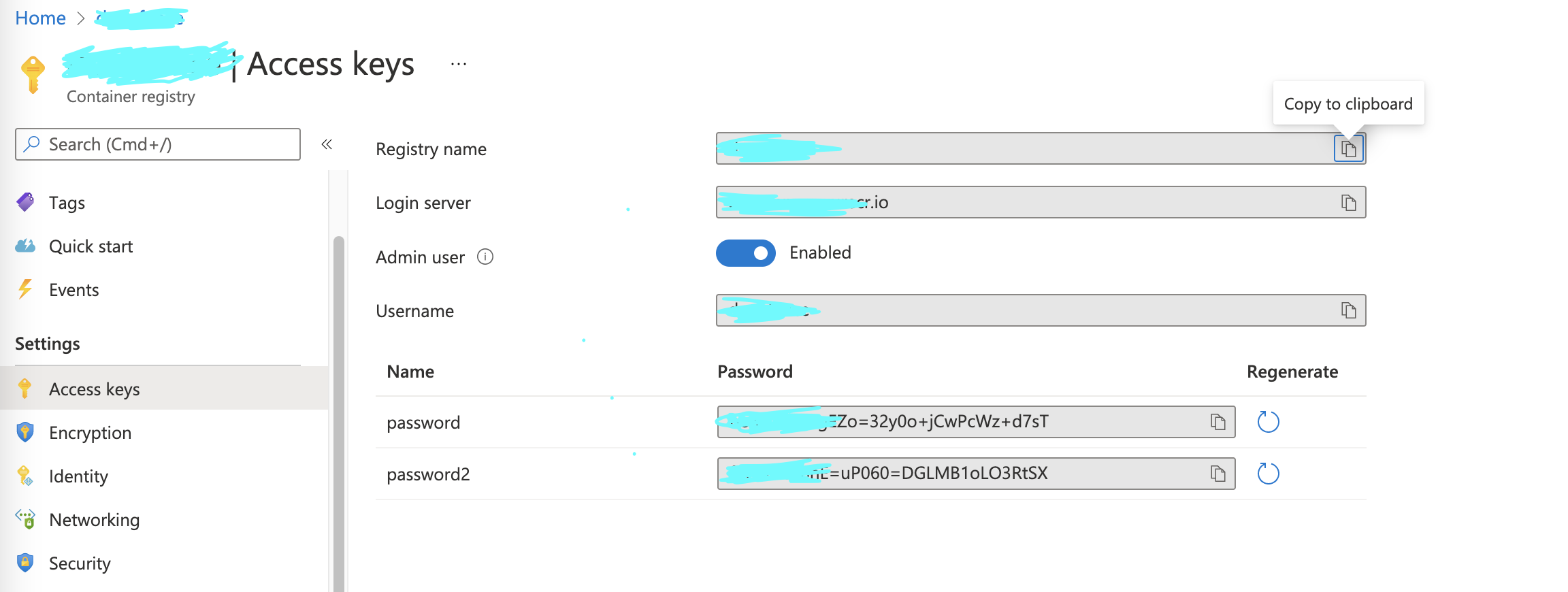 Azure Admin enabled Access Key