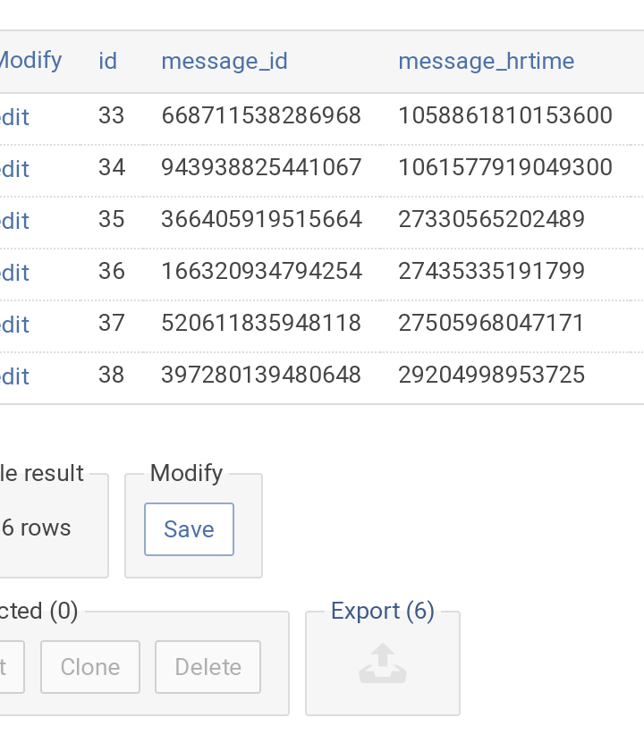 Notice the column message_hrtime decreased from id 35