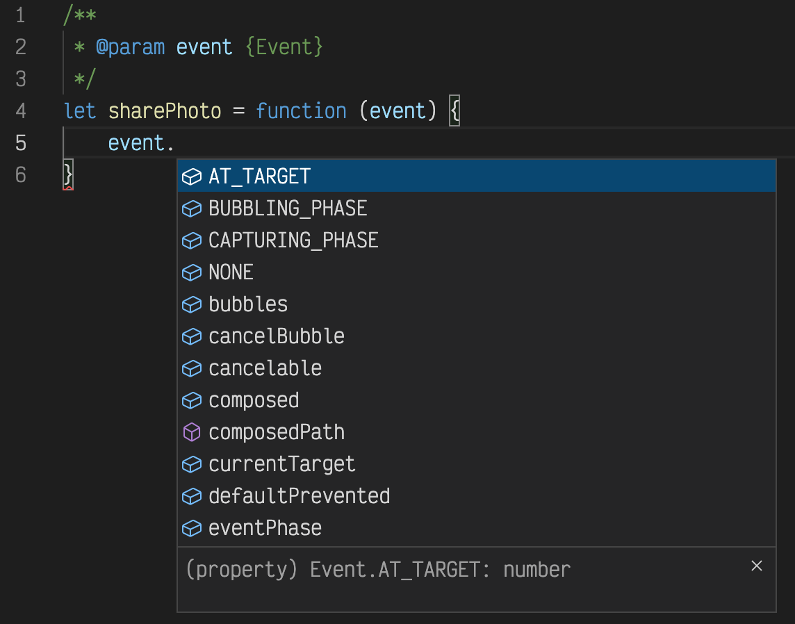 A Visual Studio Code screenshot showing that IntelliSense works after giving 'event' an 'Event' type annotation