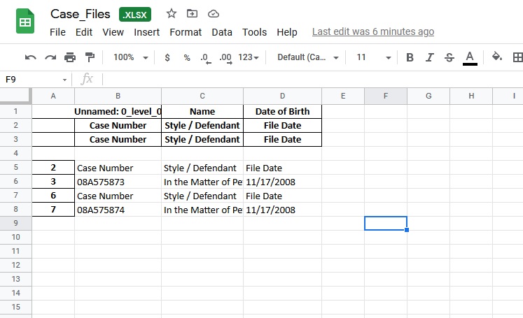 screenshot of excel file
