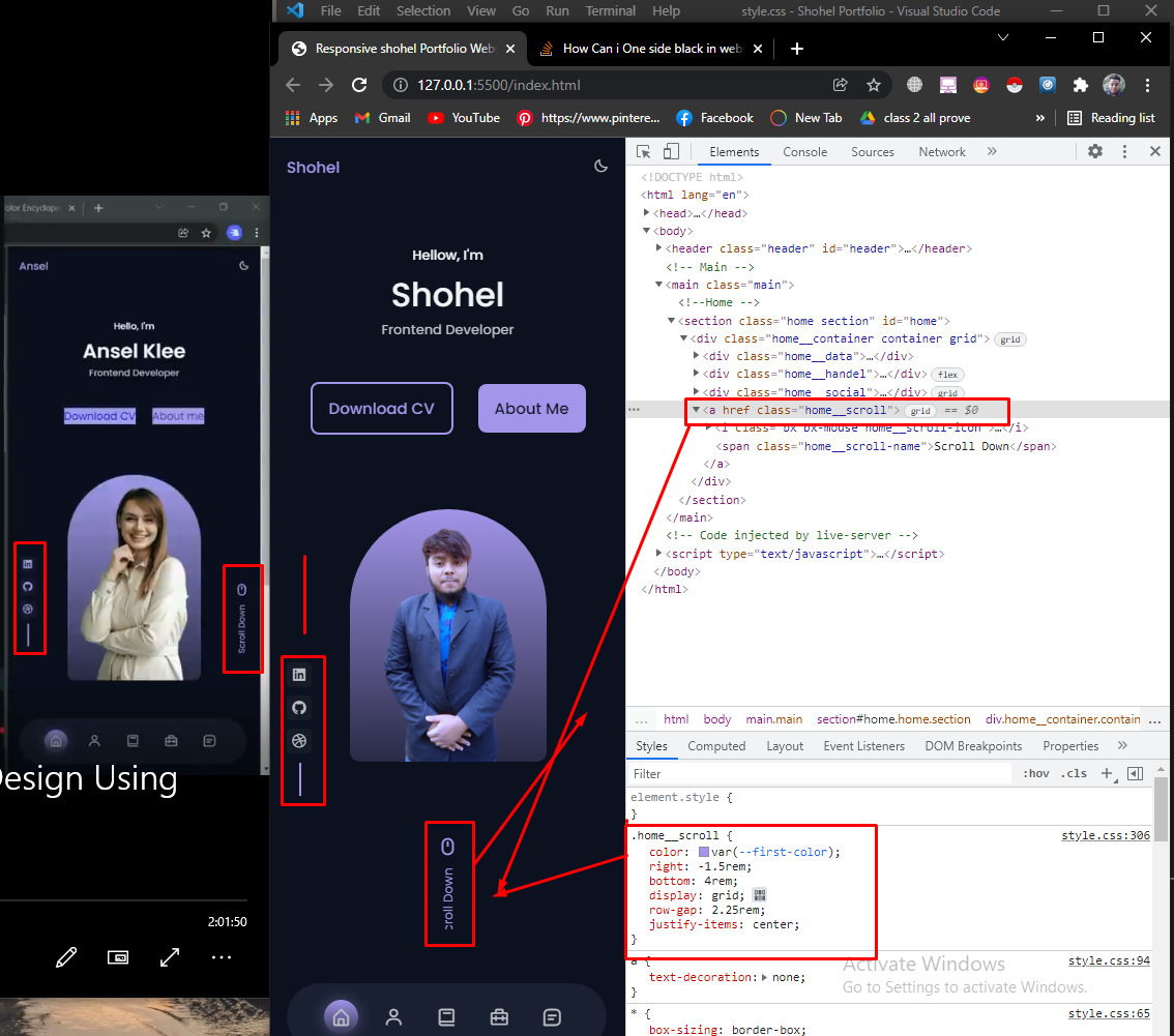 Hi, Everyone, I face a problem, please first look image, then check my code, i am shohel in image. I want to scroll down with icon add or move in my image right side and same social media icon in my image left side as like Ansell Klee image. Advanced love and thanks.