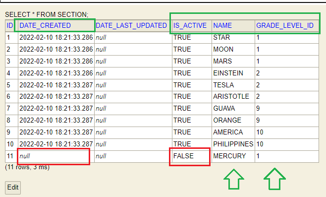 H2 Database Section Table Result Set