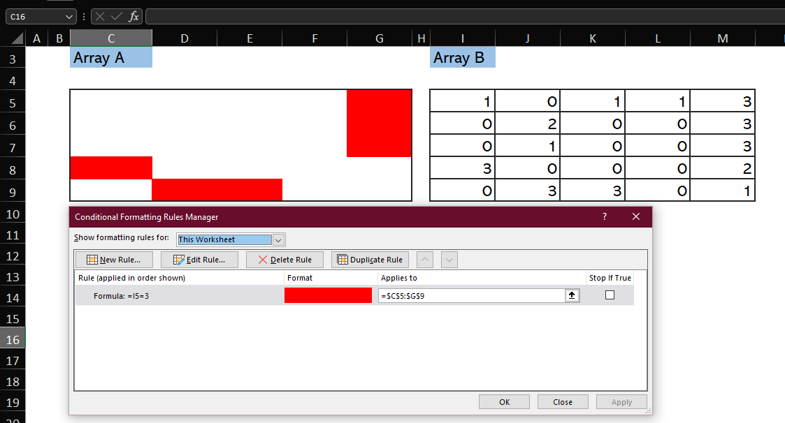 ARRAY A CONDITIONALLY FORMATTED WHEN ARRAY B EQUALS 3