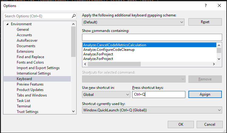 VS 2022 keyboard shortcut mapping showing Window.QuickLaunch as shortcut activated by Ctrl Q