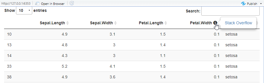 popover on icon in datatable header