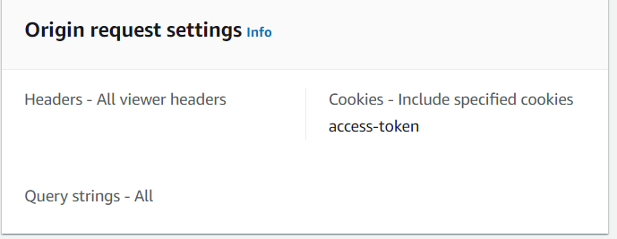 Origin request settings: headers - all viewer headers, cookies - access-token, query strings - all
