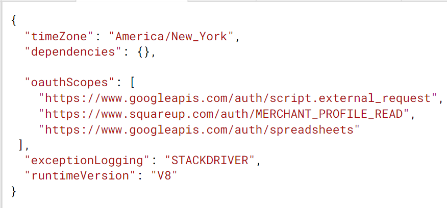 App Script manifest for accessing Square api