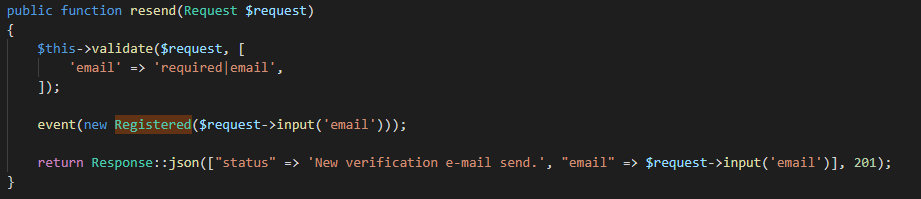 VerifyEmailController resend method