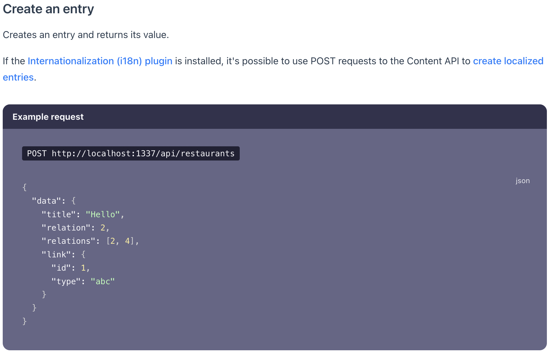 Strapi "Create an entry" docs with relational fields