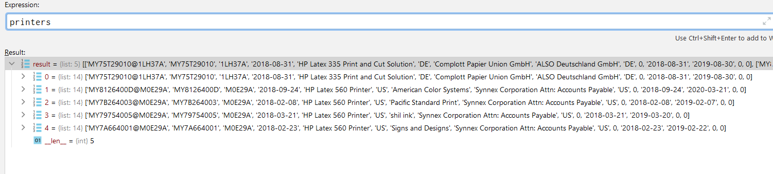 Printers list