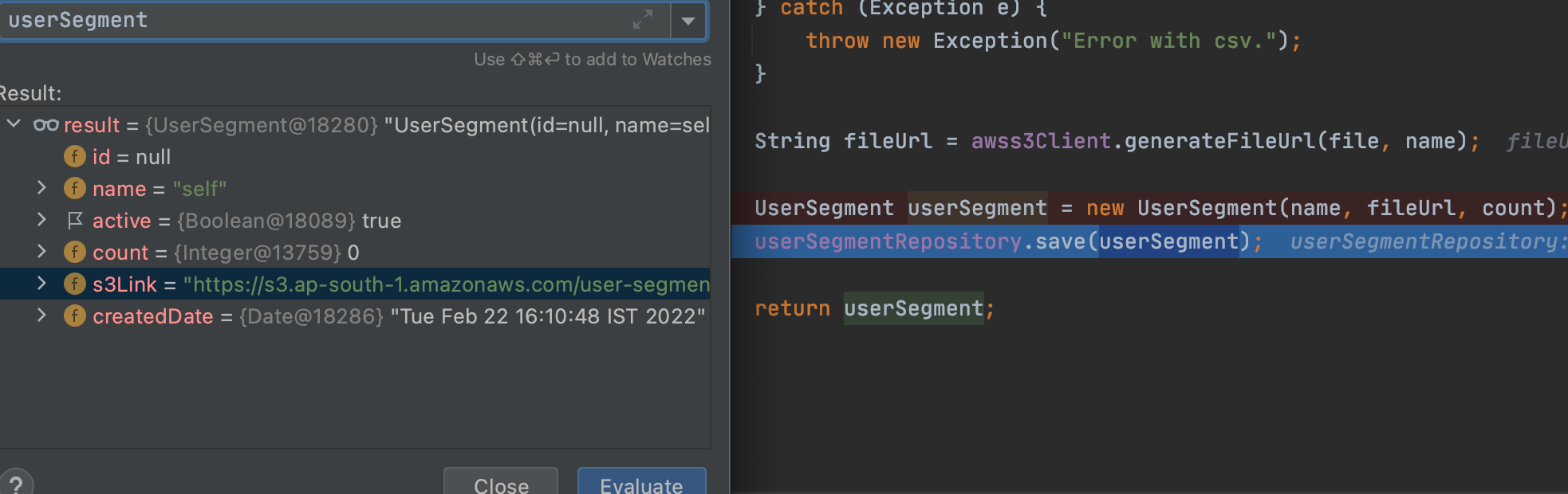 Debugger evaluation of UserSegment object just before saving