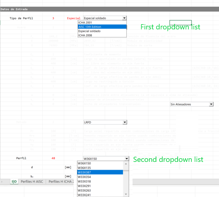 The two dropdown lists