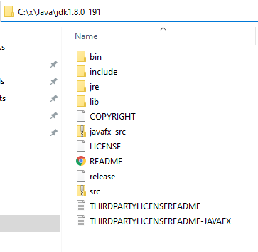 Contents of directory C:\x\Java\jdk1.8.0_191