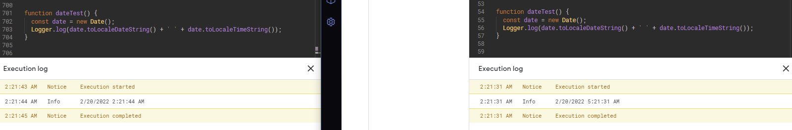 Test function to display the issue. The left log is correct.