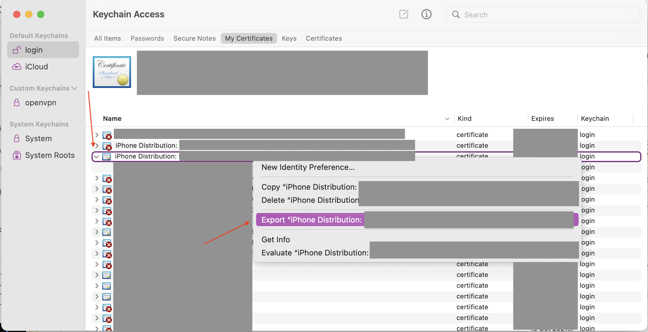 Find certificate in Keychain Access